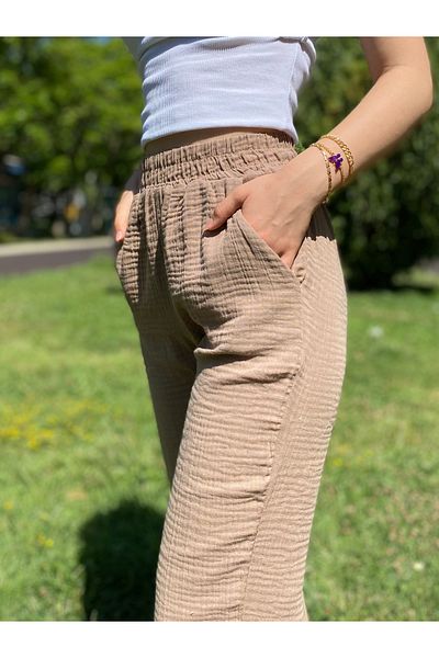 sielta Pantaloni maro din muselină din bumbac 100%