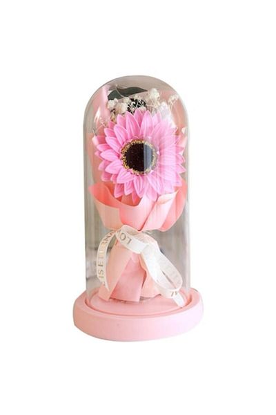 OEM Artificial Flower in Glass Dome with LED Lights, Plastic, Pink, Bouquet