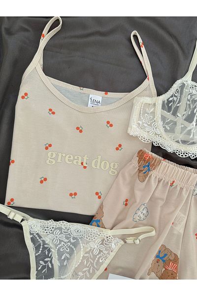 Lena Homewears Γυναικείο Σετ Πιτζάμες με Μοτίβο Αρκουδάκι με Εσώρουχα και Σορτς