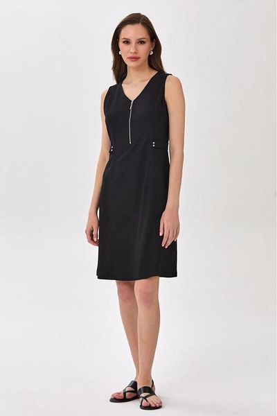 İKİLER V Neck Front Zipper Sleeveless Dress 025-4016