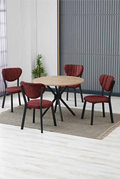 Armens Life Mobilya, Lojistik & Elektronik Ticaret Elma Cafe, Restorant Mutfak Yuvarlak Masa Sandalye Takımı, 4 Sandalye 1 Sabit Ceviz Masa 90x90 Keten