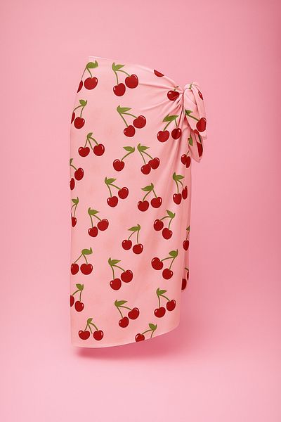pistore Pink Cherry Patterned Long Pareo Satin Women's Beach Dress New Season