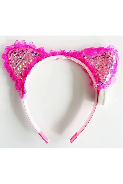 No8 Home Fuchsia Sequined Led Lighted Cat Ear Crown with Lace Edges 17X19 cm