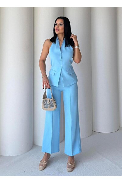 Belfiore VESTĂ DE CULOARE ALBASTRĂ CU Gâtul DESCHIS PALLAZO PANTALON SET