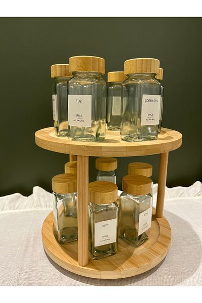 Sade Hediye 12-Piece Spice Rack/Rotary Stand with Bamboo Lid Label