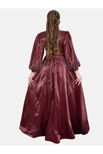 Nice Model Burgundy Sequined Maxi Dress Long Sleeve Evening Gown with Sparkly Embellishments