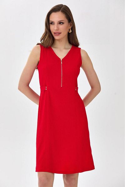 İKİLER V Neck Front Zipper Sleeveless Dress 025-4016