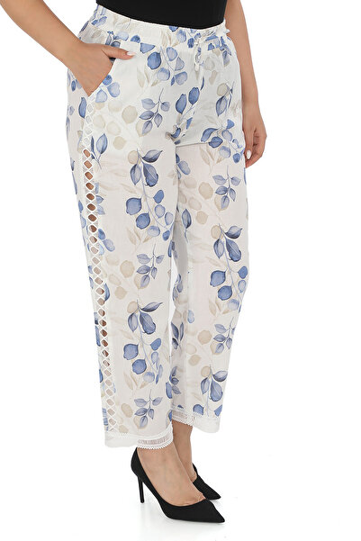 EXİTLİNE Women's Summer Printed White Trousers with Lace Sides