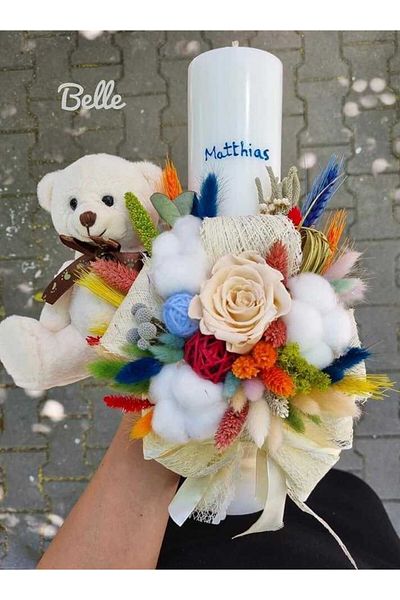 JPT Blue teddy bear for baptism candle