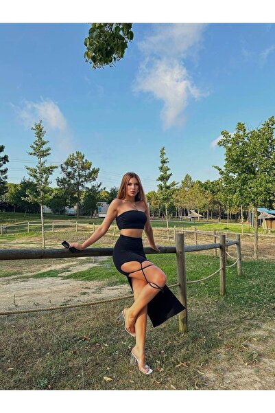 Dovil Γυναικεία υφασμάτινη φούστα Sandy με λεπτομέρεια από δαντέλα, μαύρο σετ...