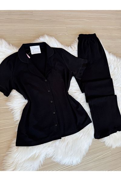 Pijamacs Set de pijamale din bumbac negru cu mâneci scurte și detaliu cu volan