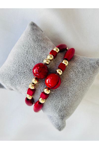 COCOSH TAKI Red Beaded Gold Detailed Multi-Combination Bracelet