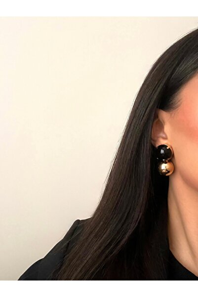 Kadın Siyah ve Altın Renkli Top Küpe