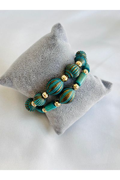 COCOSH TAKI Turquoise Color Beaded Gold Detailed Multi-Combination Bracelet