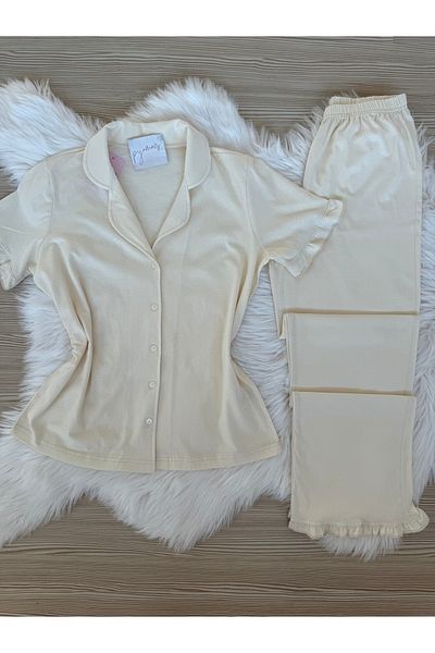 Pijamacs Ecru Cotton Short Sleeve Front Button Pajama Set with Ruffle Detail on Sleeves and Legs