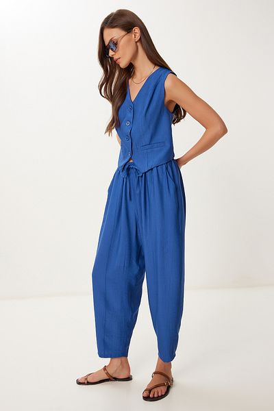 Lovelyİstanbul Crinkle Vest Baggy Trousers Set Dark Blue Lrv0109