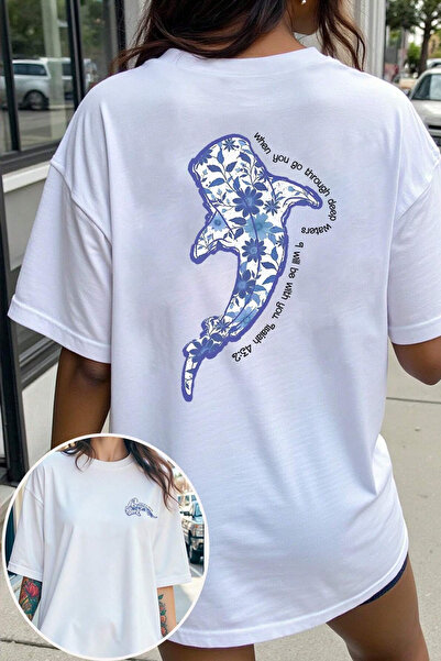 NAKRUF Tricou oversize unisex pentru bărbați/femei, cu flori și balene, imprimat în față și pe spate