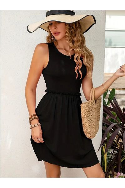 İpeksi Women's Sleeveless Waist Elastic and Gather Detail Viscose Mini Dress