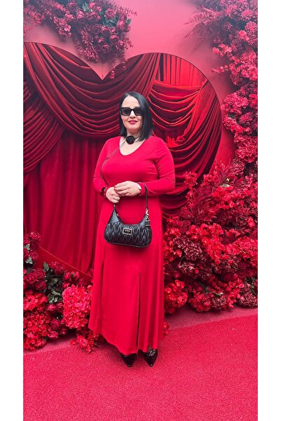 Vio Moda Büyük Beden Çift Yırtmaçlı Sandy Elbise