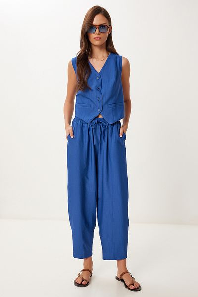 Lovelyİstanbul Crinkle Vest Baggy Trousers Set Dark Blue Lrv0109
