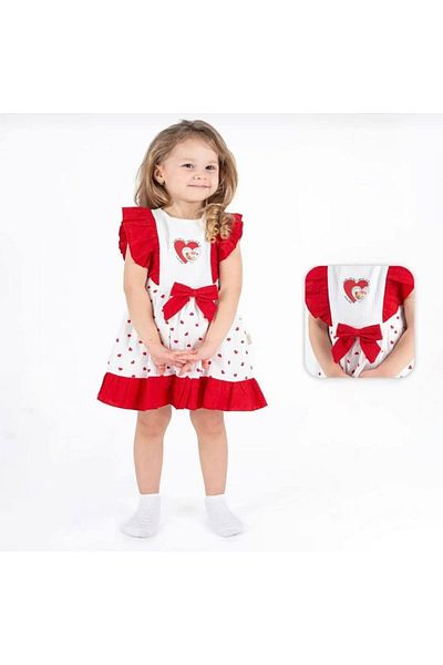 Moda İzleri Mini Girl's Ruffled Dress with Teddy Bear - Red