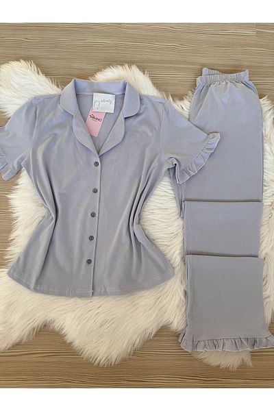 Pijamacs Light Lilac Cotton Short Sleeve Front Button Pajama Set with Ruffle Detail on Sleeves and Legs