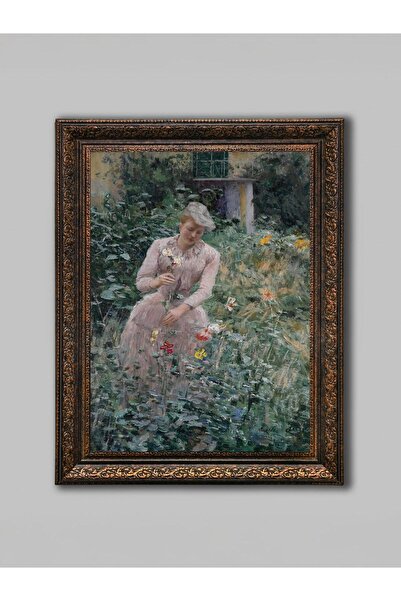 WoodyArts Femeie care scoate flori în grădină - Cadru antic din bronz