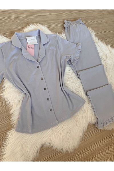 Pijamacs Light Lilac Cotton Short Sleeve Front Button Pajama Set with Ruffle Detail on Sleeves and Legs