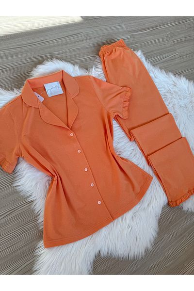 Pijamacs Set de pijamale din bumbac portocaliu cu mâneci scurte și detaliu cu volane