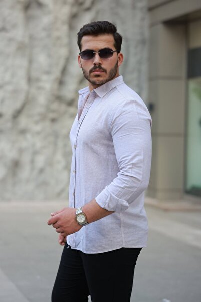 JANES Ανδρικό μακρυμάνικο βαμβακερό λινό πουκάμισο με σχέδιο