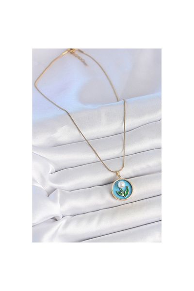 Skygo 316L Steel Gold Color Chain Blue Enamel Pearl Flower Embroidered Portrait Model Women's Necklace - Tj-Bko10168