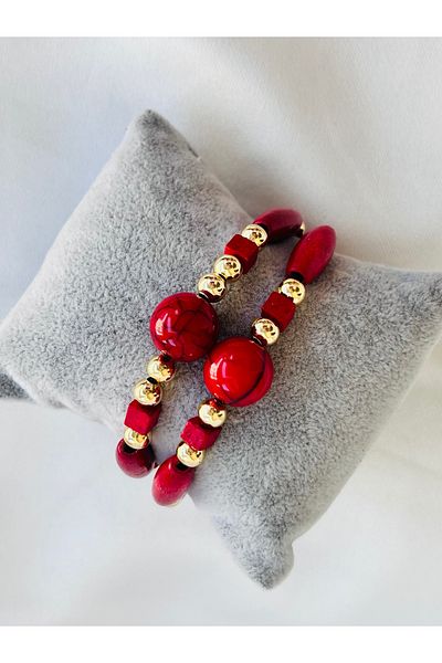 COCOSH TAKI Red Beaded Gold Detailed Multi-Combination Bracelet