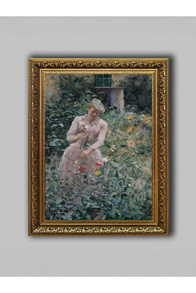 WoodyArts Femeie care scoate flori în grădină - Cadru antic auriu