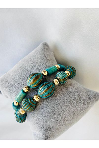 COCOSH TAKI Turquoise Color Beaded Gold Detailed Multi-Combination Bracelet