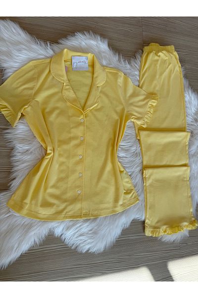 Pijamacs Yellow Cotton Short Sleeve Front Button Pajama Set with Ruffle Detail on Sleeves and Legs