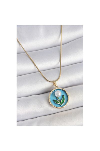 Skygo 316L Steel Gold Color Chain Blue Enamel Pearl Flower Embroidered Portrait Model Women's Necklace - Tj-Bko10168