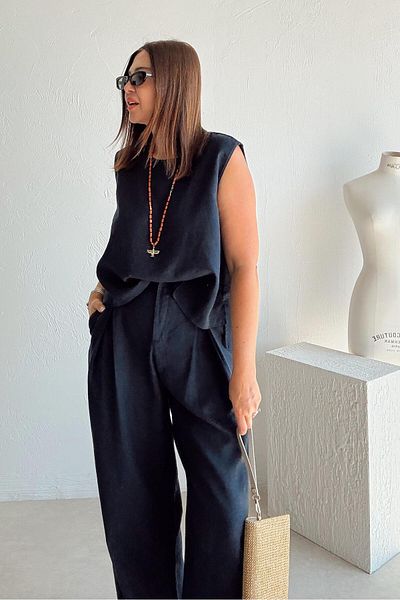 ELVAN TOLON Navy Blue Linen Sleeveless Blouse Trousers Set