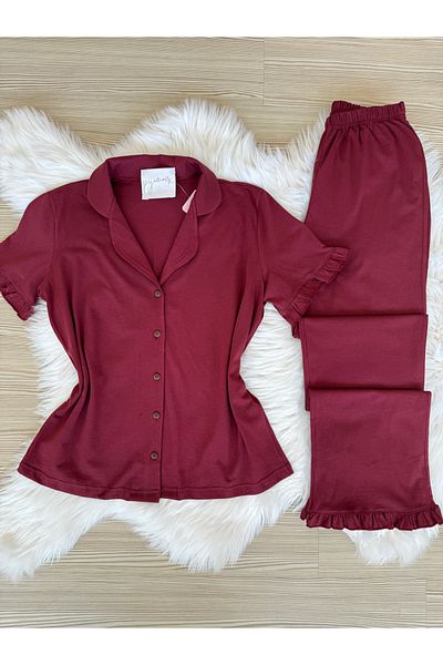 Pijamacs Cherry Rot Cotton Short Sleeve Front Button Pajama Set with Ruffle Detail on Sleeves and Legs