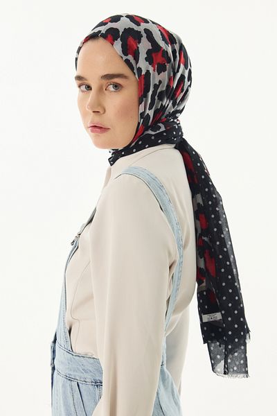 FENZA SCARF Polka Dot Leopard Pattern Cotton Shawl - Grey-Black