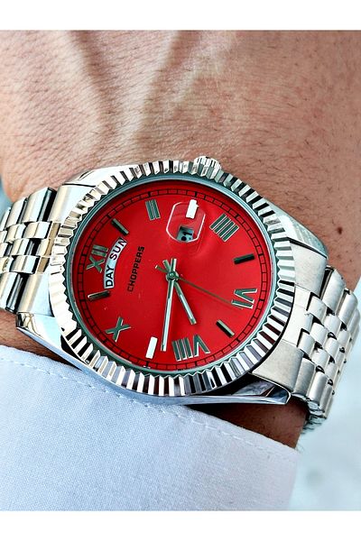 Weluxa Silver Color Pastel Red Dial Calendar Steel Band Men's Wrist Watch