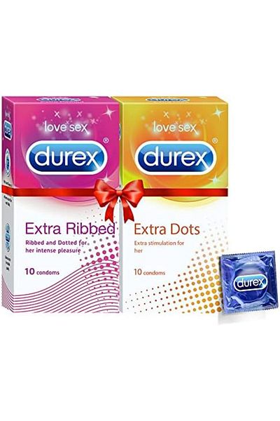 Durex Pleasure Pack Extra Dots, 10 Extra Ribbed Condoms - Pack of 2