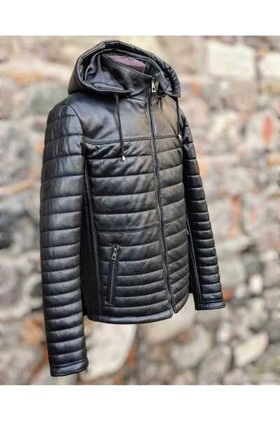 MİRENA LEATHER Erkek Kapşonlu Şişme Hakiki Deri Mont
