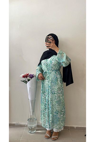 DİLEKBUTİK Kimono din șifon cu flori verde apă