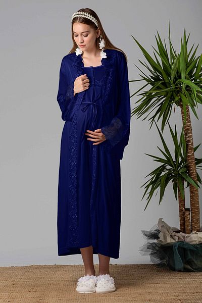 ByLohusa Effortt Navy Blue Maternity Nightgown Set with Dressing Gown