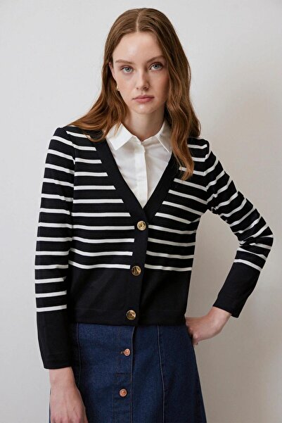 Touche Çizgili Kısa Triko Hırka Lacivert