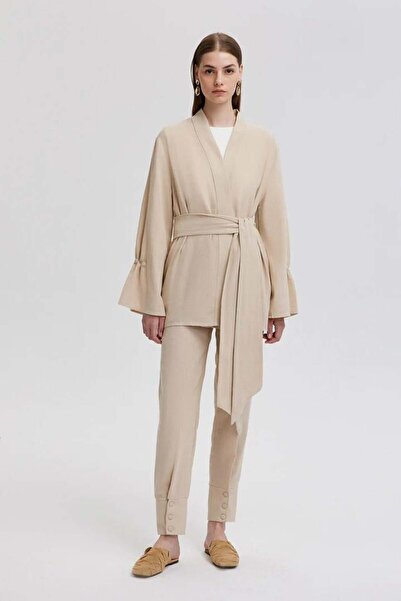 Touche Kemer Detaylı Kimono Takım Bej