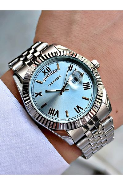 Weluxa Silver Color Light Blue Dial Calendar Steel Band Men's Wrist Watch