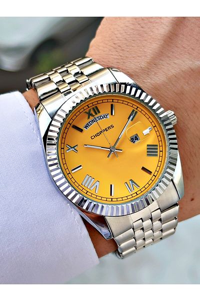 Weluxa Silver Color Pastel Yellow Dial Calendar Steel Band Men's Wrist Watch