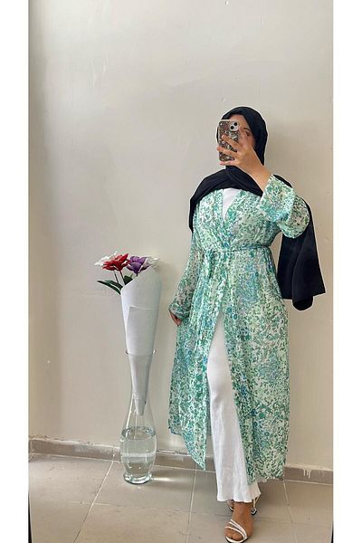 DİLEKBUTİK Kimono din șifon cu flori verde apă