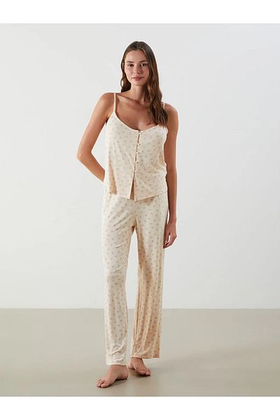 LC Waikiki Set pijamale pentru femei LCW DREAM Ecru cu decolteu în V